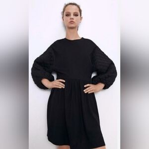 Zara Black Long Sleeve Dress with Quilted Detail Balloon Sleveves Whimsical Goth
